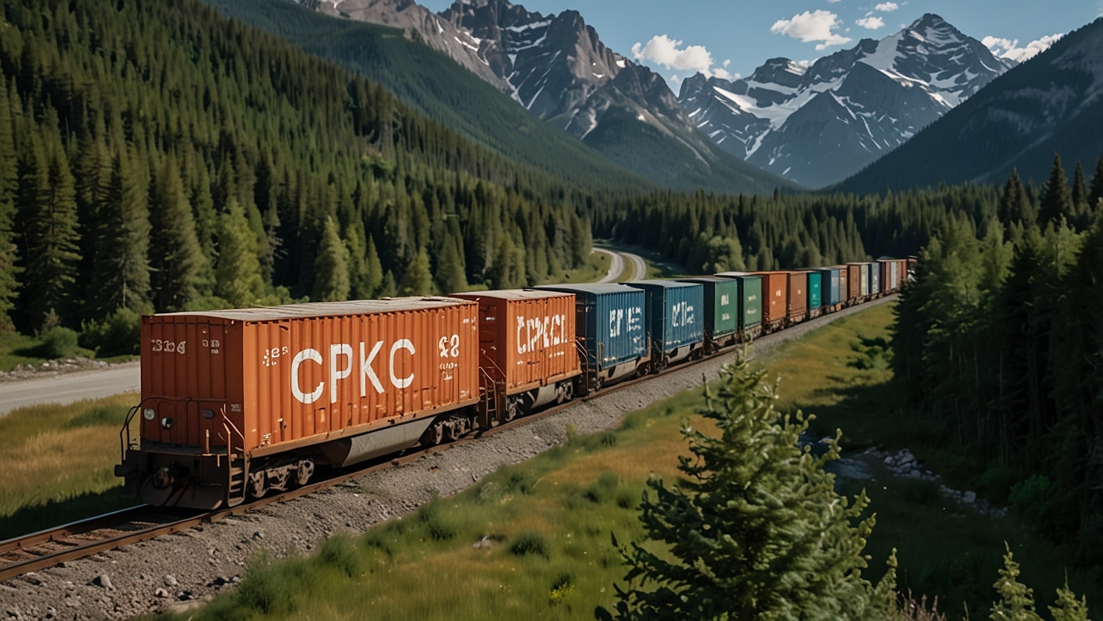 CPKC train hauling grain and intermodal containers through Canadian Rockies, symbolizing 5% volume growth in Q3 2025 despite U.S. trade tariffs