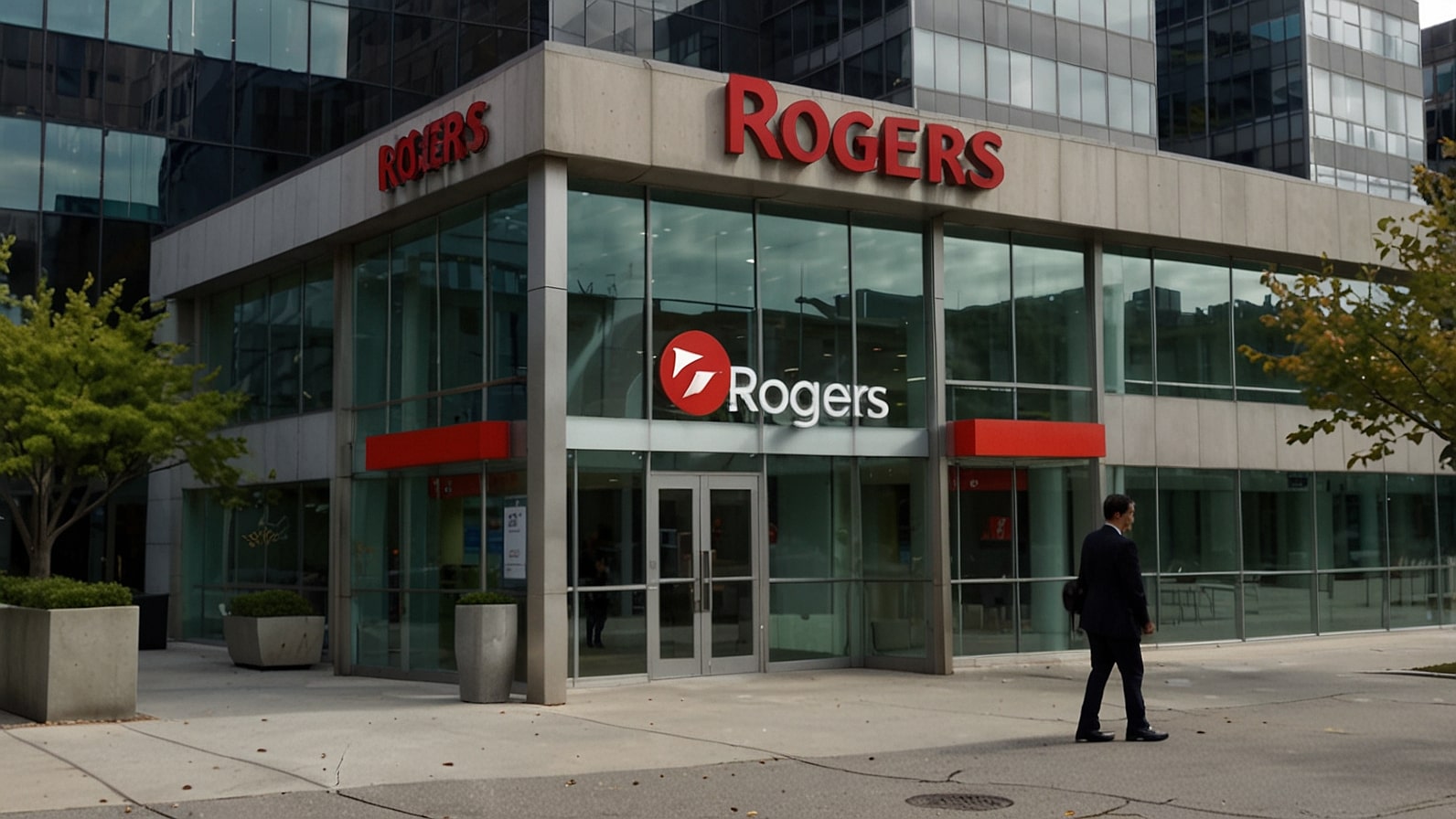 Rogers Communications Toronto headquarters with satellite-to-mobile texting demo on smartphone, highlighting Q3 2025 $5.1B revenue surge