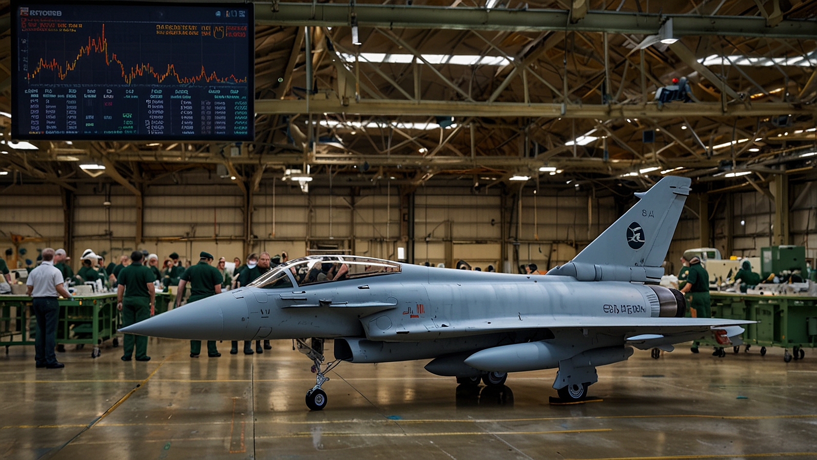 BAE Systems Eurofighter Typhoon jet in flight over UK countryside with Saudi Air Force markings; foreground shows Warton factory assembly line workers and digital stock chart displaying 4.2% share surge to 1,450 pence on London Stock Exchange.