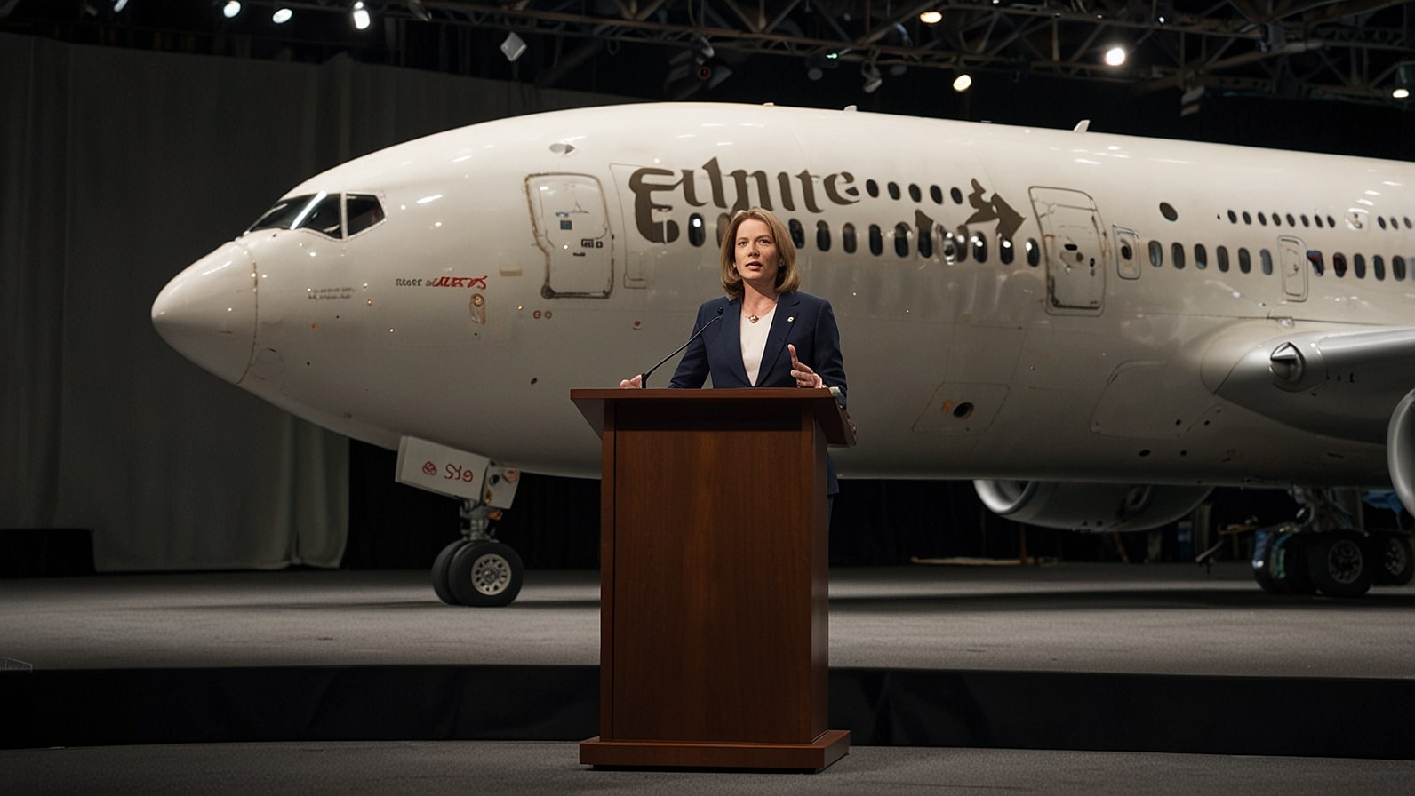 Boeing CEO Kelly Ortberg speaking at podium in Chicago during Q3 earnings call, revealing $20 billion Emirates 777X jet order and 12% stock surge despite $2.5 billion loss
