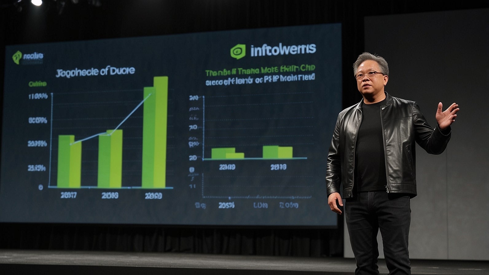 Nvidia CEO Jensen Huang in black leather jacket speaking at podium during Santa Clara investor conference announcing Blackwell AI chip sales to China amid U.S.-China trade truce