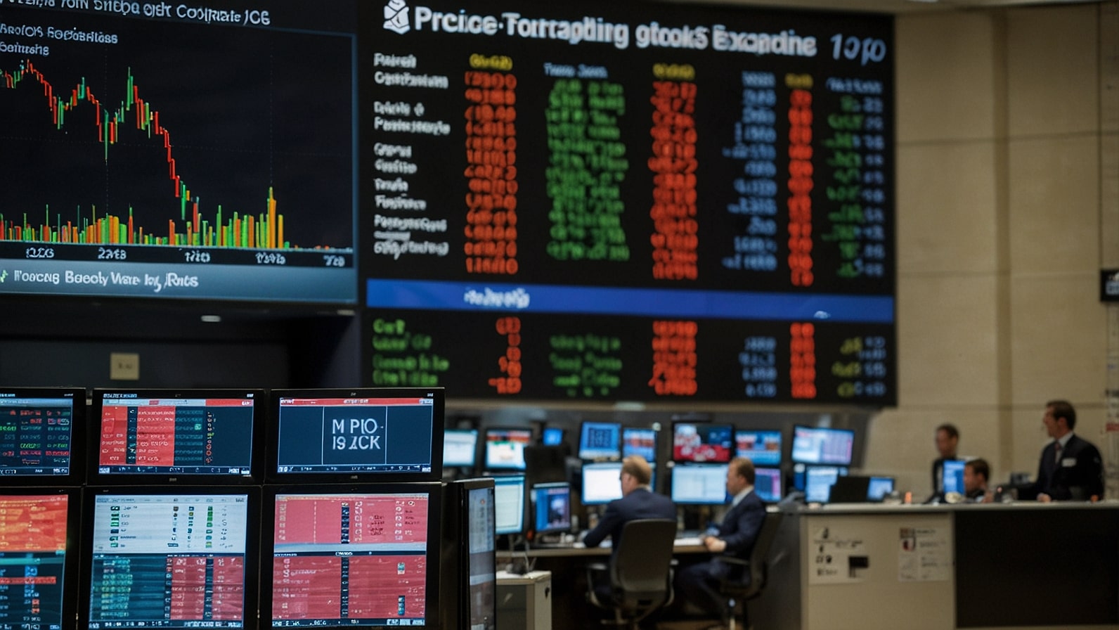 Stock market trading floor at the London Stock Exchange with Princes Group shares displayed on a digital board, showing a flat debut valuation of £1.16 billion amid UK IPO revival; inset of tinned tuna cans on a supermarket shelf representing the company's core products.